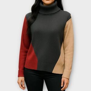 Jones New York Womens Turtleneck Sweater Small Grey Red Tan